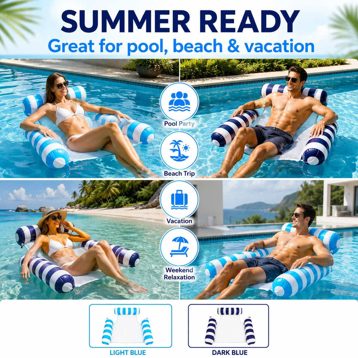 Inflatable Water Hammock Pool Float with Mesh Center Portable Floating Lounger for Swimming Pool Beach Summer Vacation Relaxatio