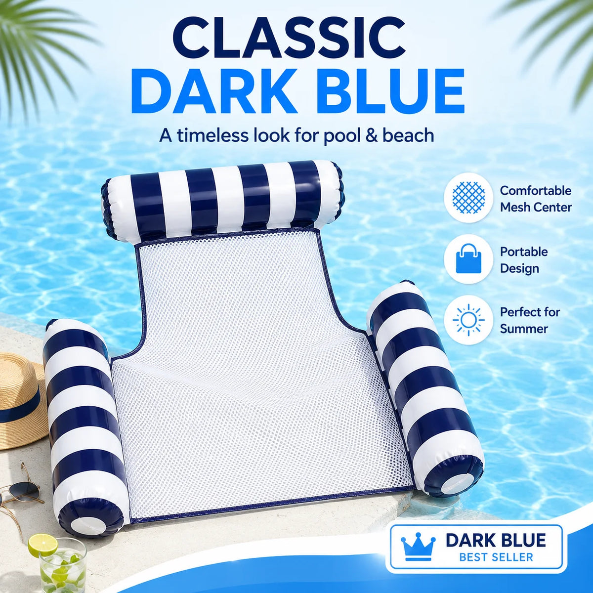 Inflatable Water Hammock Pool Float with Mesh Center Portable Floating Lounger for Swimming Pool Beach Summer Vacation Relaxatio