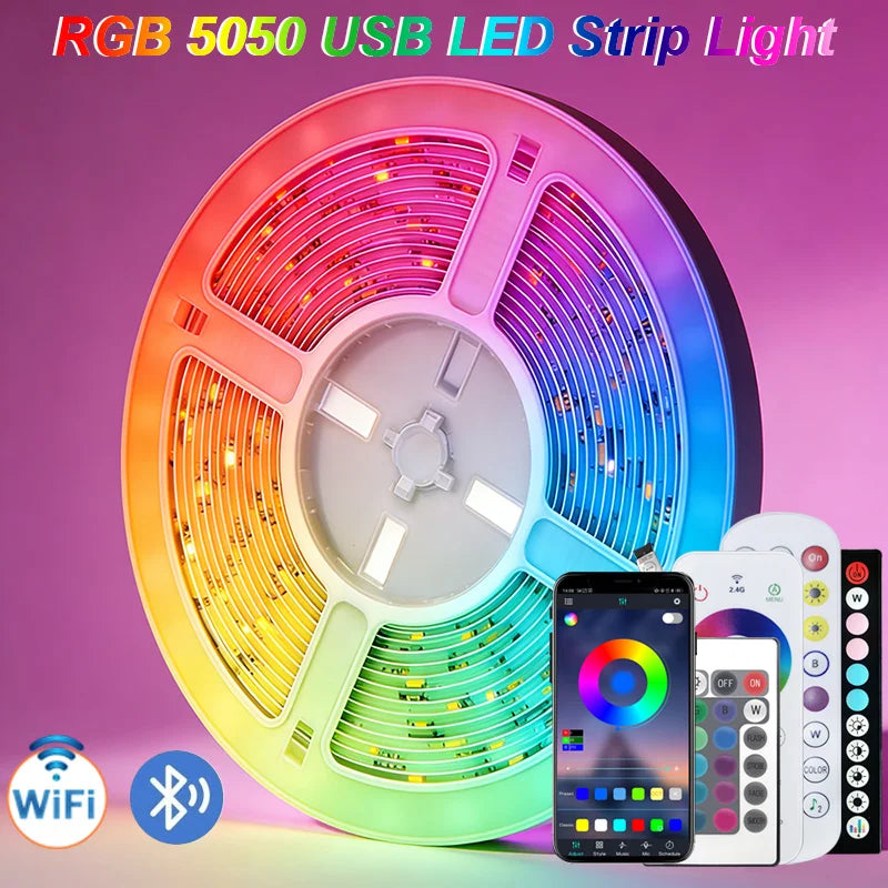 1-20M Led Light Strip with USB Plug 5050 Multicolor RGB TV Background Light Bar Game Room Family Party Decoration Night Light