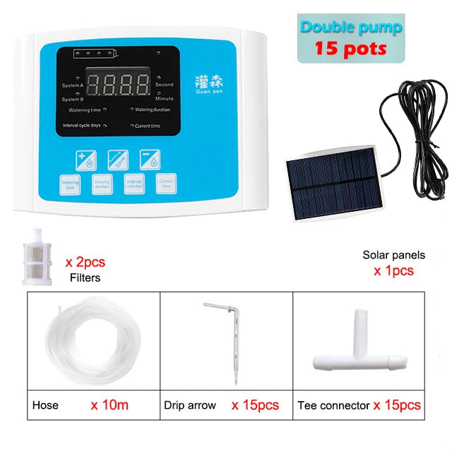 Irrigazione a goccia con timer doppio pompa, energia solare, controllo