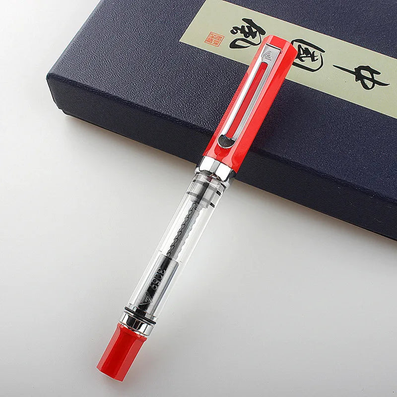 Penna stilografica trasparente, riempimento a pistone, punta 0.5 mm