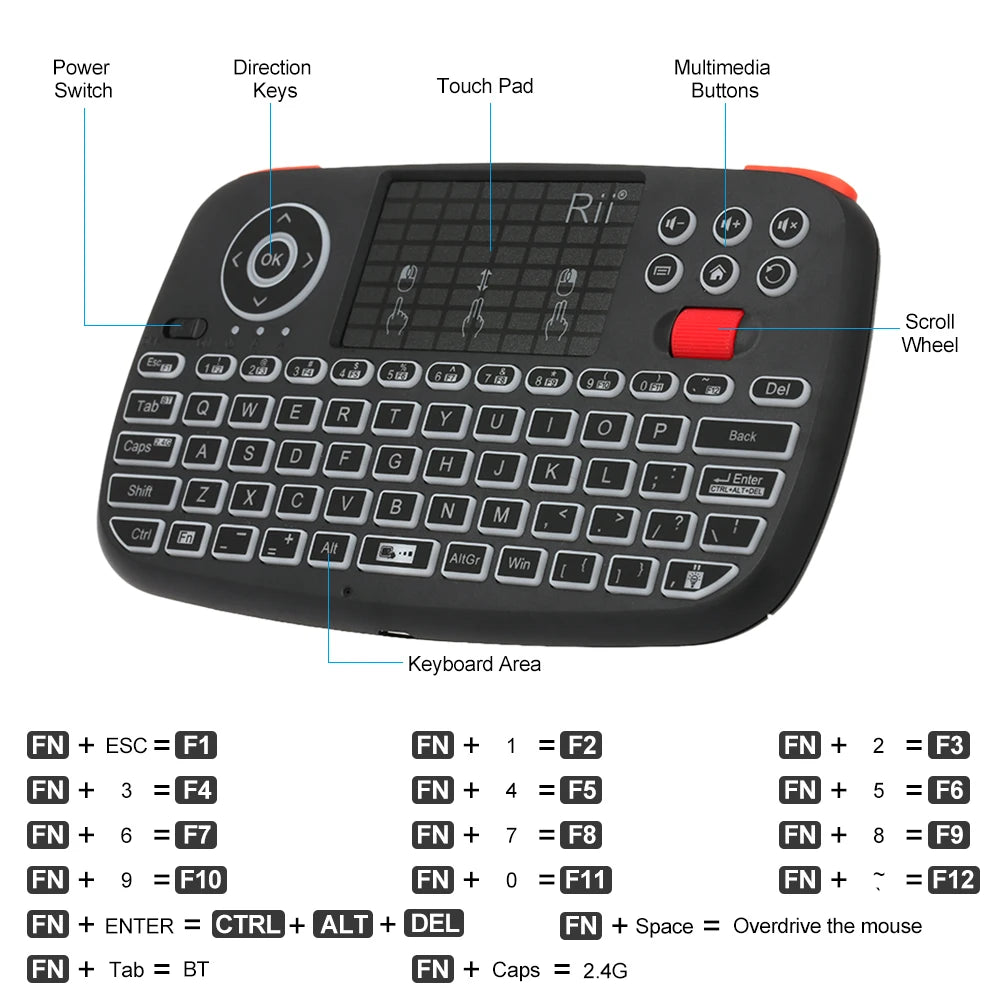 Tastiera wireless mini con touchpad e retroilluminazione, Bluetooth e 2.4 GHz