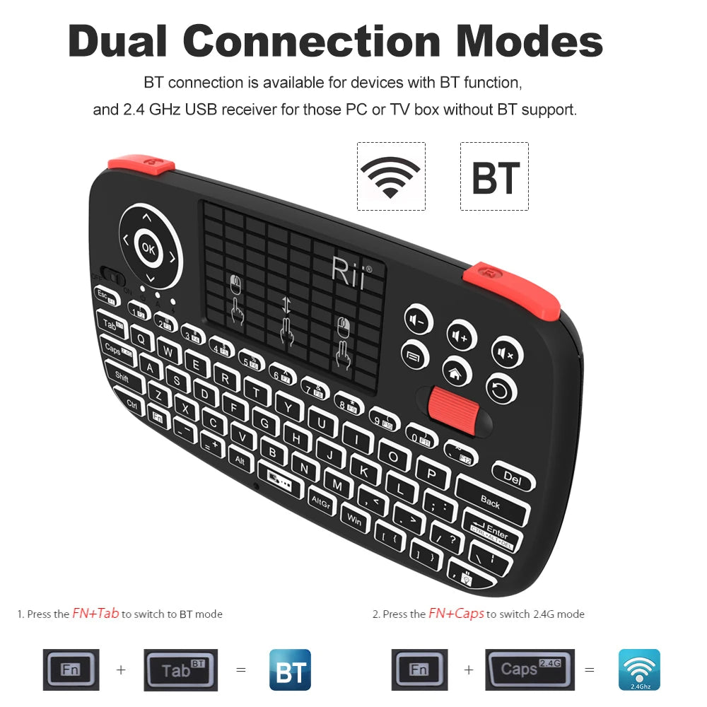 Tastiera wireless mini con touchpad e retroilluminazione, Bluetooth e 2.4 GHz