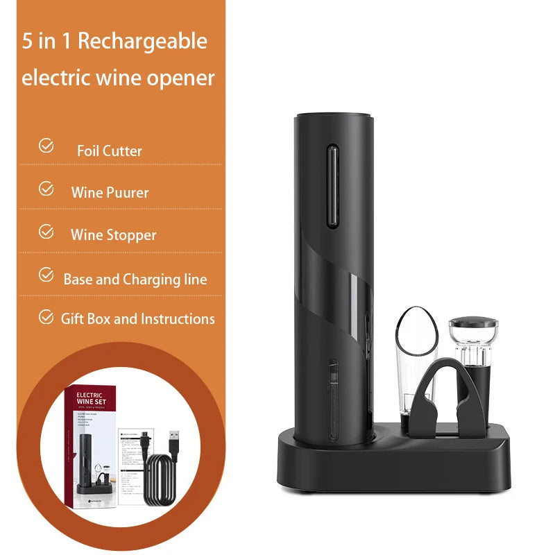 Apertura elettrica per vino con supporto, tagliacapsula, versatore e tappo