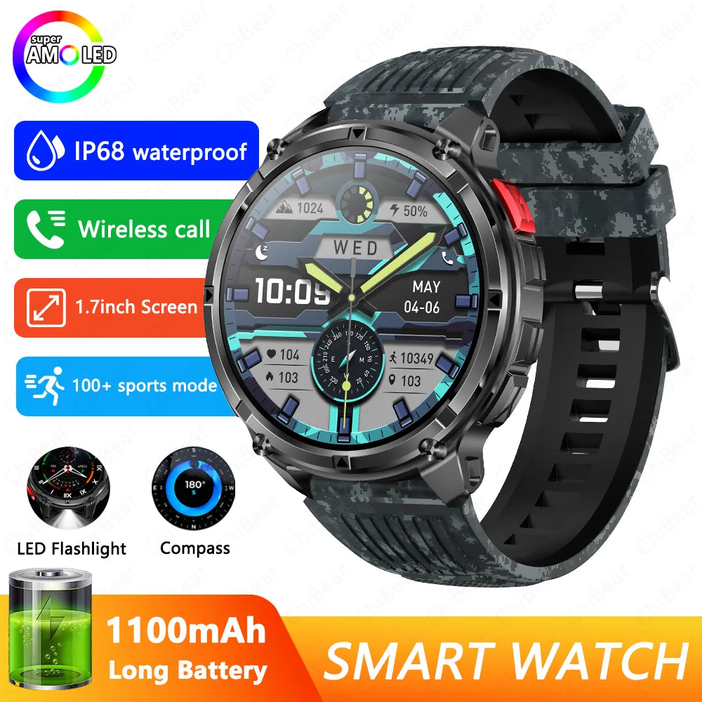 Military-Style 5ATM Waterproof GPS Sports Smartwatch with Compass