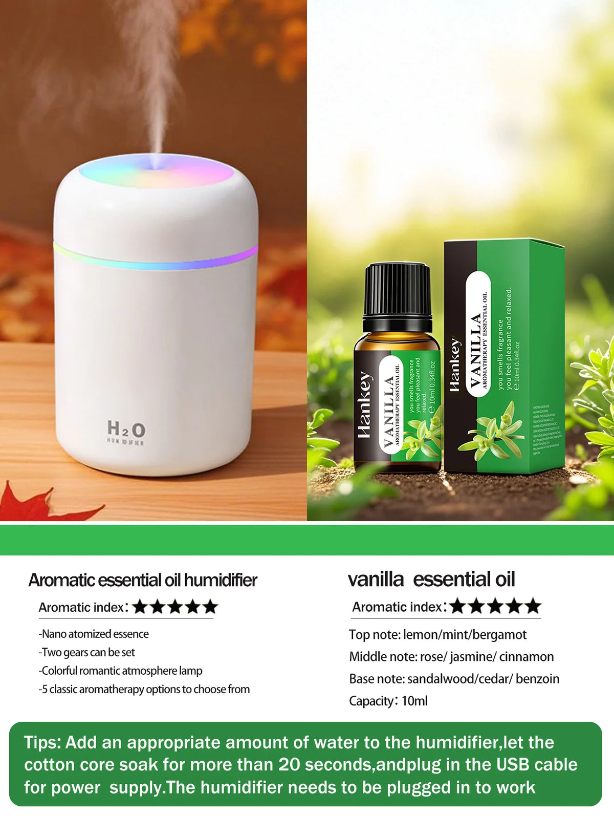 Diffusore Aromaterapico 300ml USB Luce a 7 Colori, Umidificatore per Casa e Auto