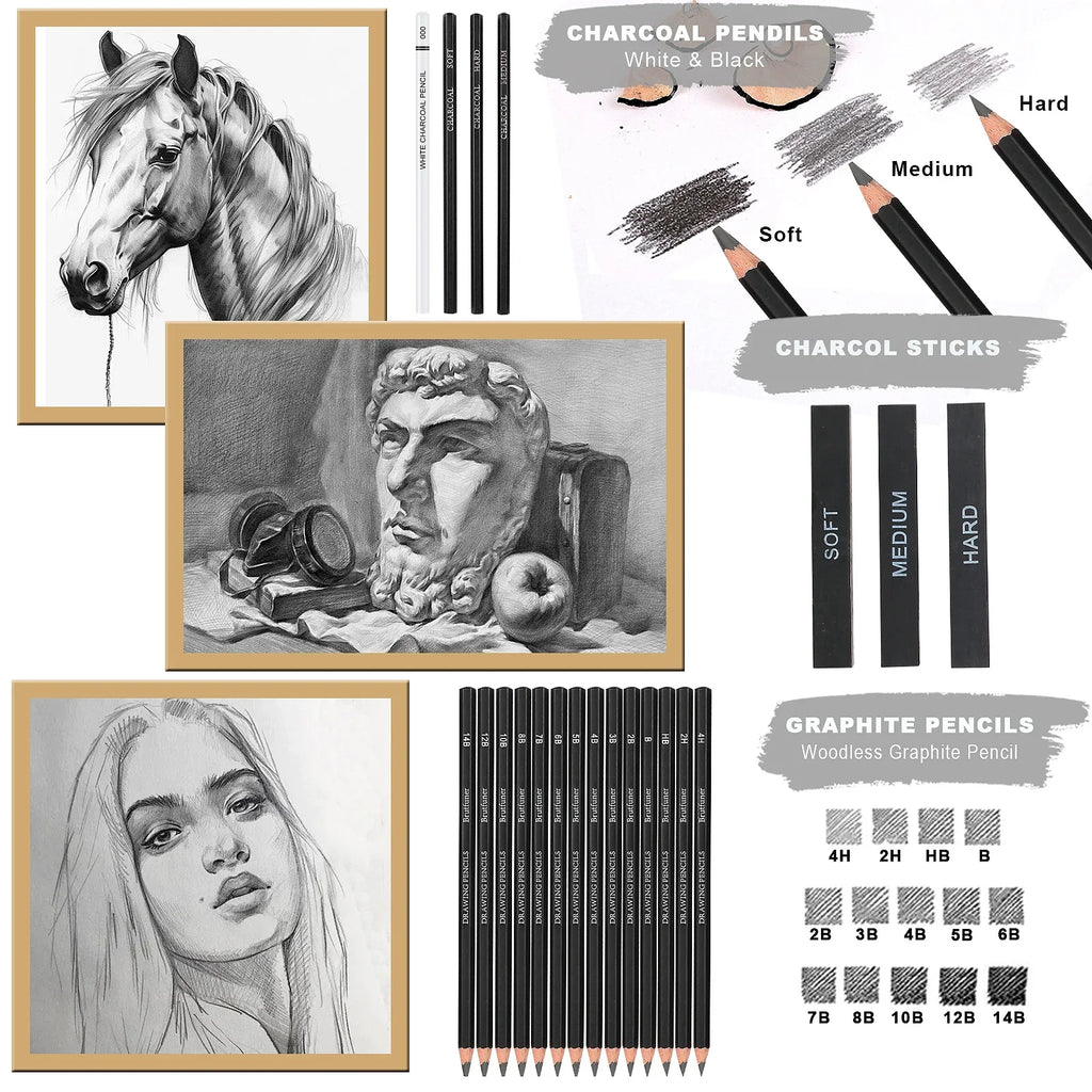 drawing set with sketch pencils, graphite, charcoal, blending tools (14-64 pcs)