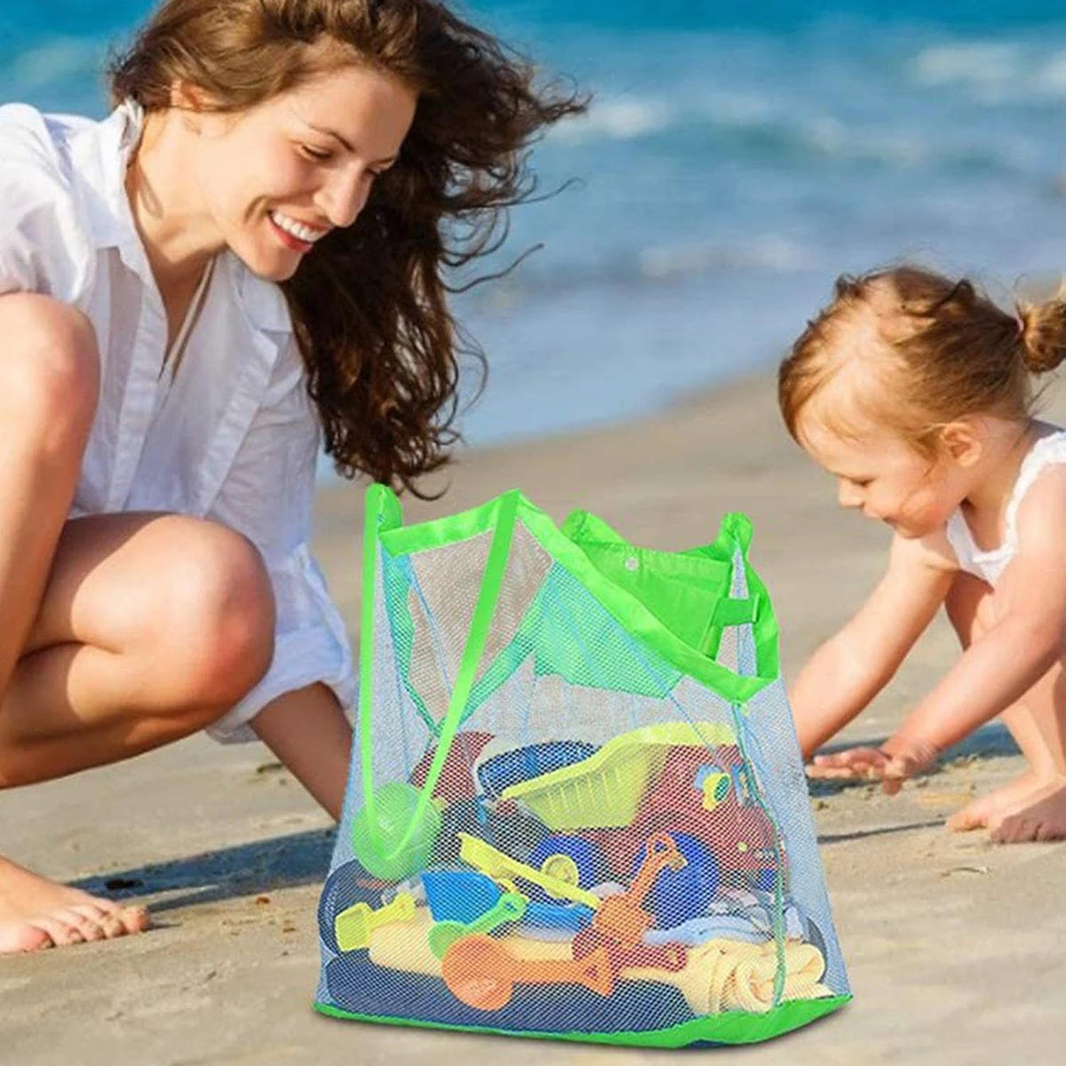 Borsa da spiaggia in rete multicolore grande, pieghevole e traspirante