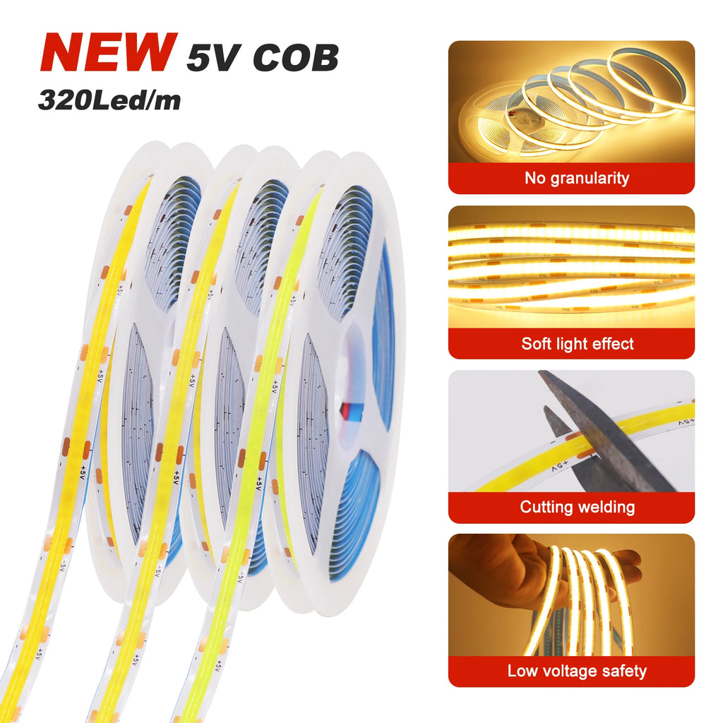 Striscia LED COB 5V 320 LED/m con Box 3 AA – 8 mm, luce regolabile (3000‑6500 K)