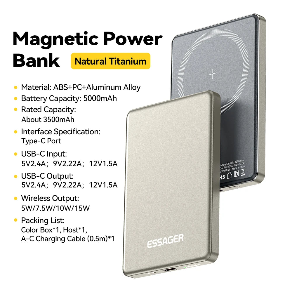 Power Bank Wireless 5000 mAh 20 W Ultra‑Thin con Magnete N52 per iPhone 14‑17