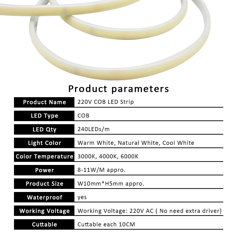 Striscia LED COB 220V impermeabile 240 LED/m - 3000K/4000K/6000K
