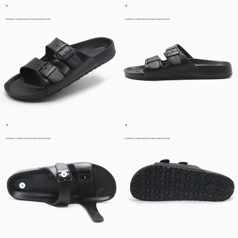 Shevalues Summer Flat Slippers For Women Men 2025 New Thick Sole Sandals With Double Buckle Fashoin Outdoor Antiskid Beach Slide