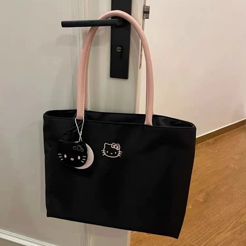 Borsa tote capiente con ricamo gatto, leggera e fresca per donna