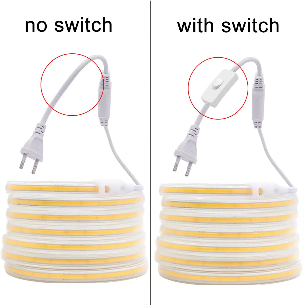 Striscia LED COB 220V con interruttore e spina EU – luce bianca calda o fredda
