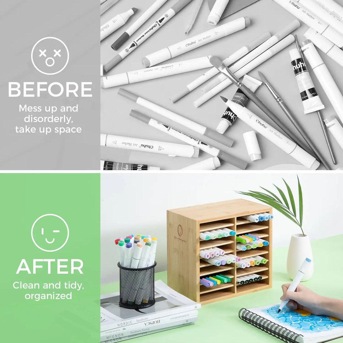 Ohuhu Bamboo Marker Organizer Wooden Desktop Storage Hold 126 Markers Pens Pencils Art Brushes Stationary Organizer Pen Holder