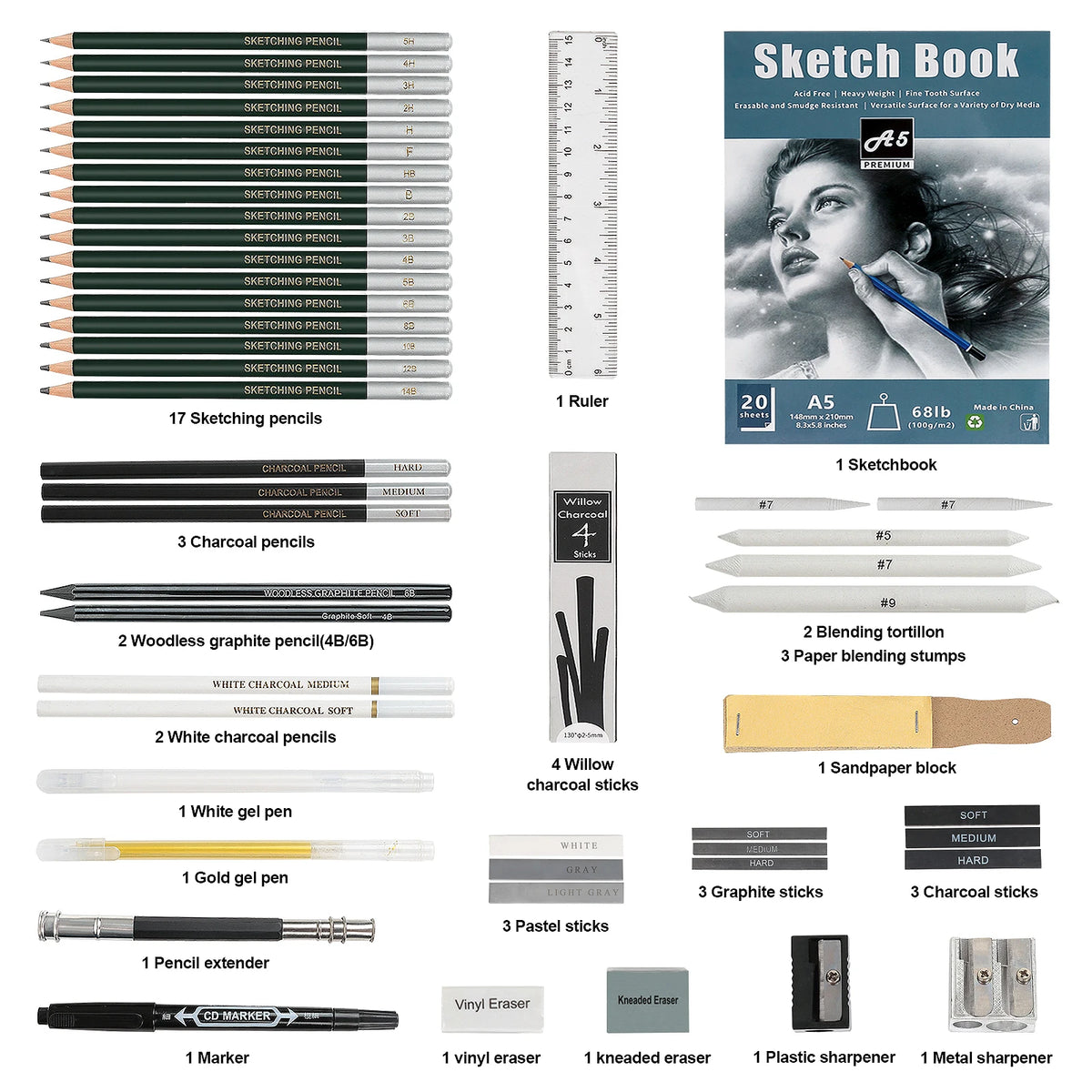 drawing sketching coloring set with 12-70 pcs pencils and art tools