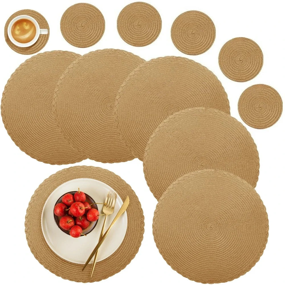 Set de 6 sets de table ronds et dessous de verre en ramie – Antidérapants, 34 cm