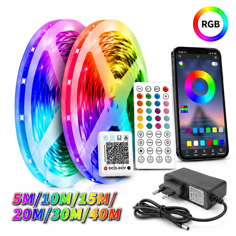 Striscia LED RGB 5-40 m con Bluetooth, sync musica e alimentatore