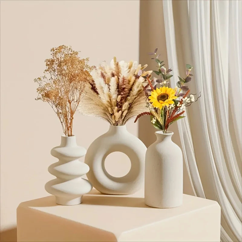 Set of 3 White Ceramic Bohemian Vase Set, Creative home decoration vase ornaments, Wedding home living room Bedroom decoration