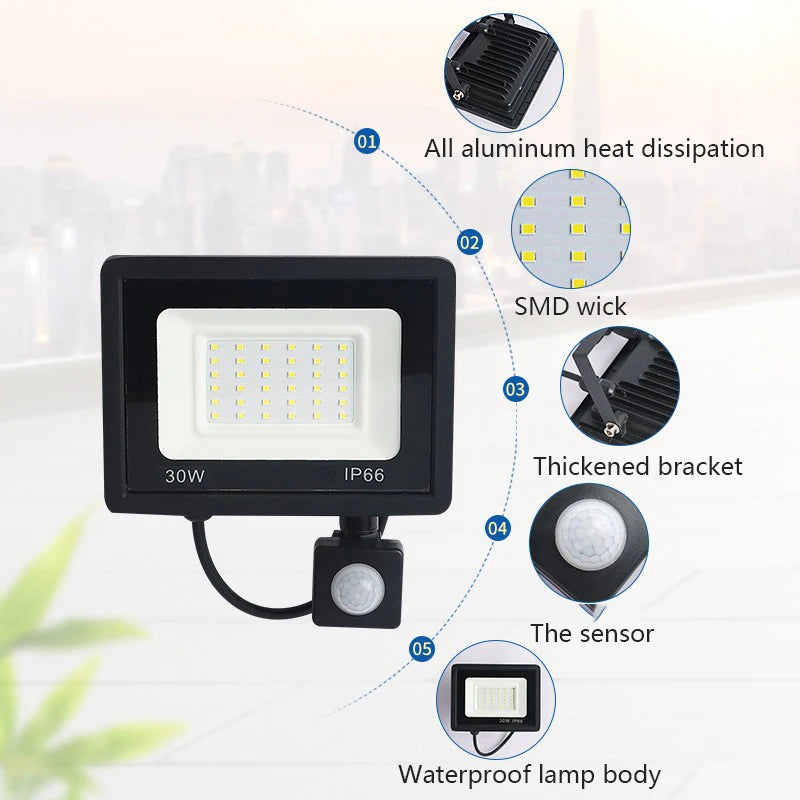 Faro LED da esterno IP66 con sensore di movimento, 10‑100W, 6000‑6500K