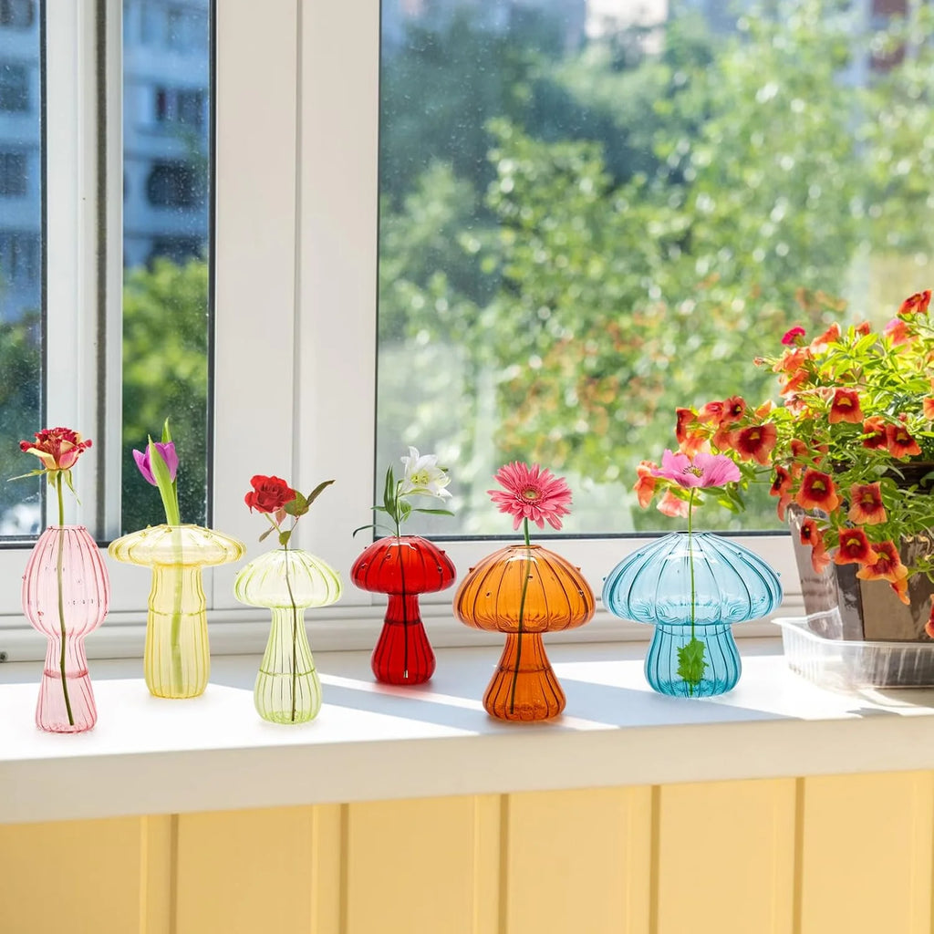 Mushroom Glass Vase Set - Mini Propagation Terrarium for Plants & Flowers | Cute Home/Office Decor, Indoor Plant Gift for Women