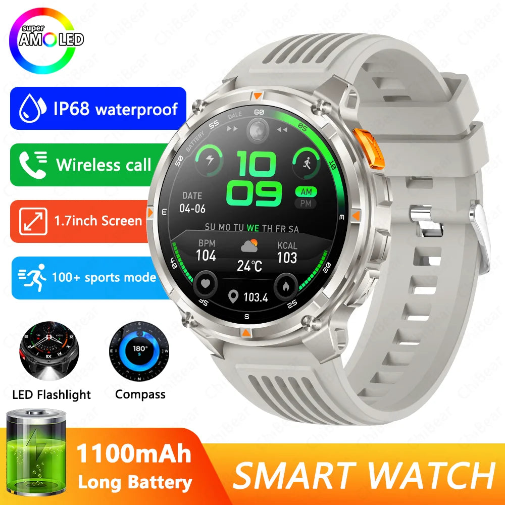 Military-Style 5ATM Waterproof GPS Sports Smartwatch with Compass