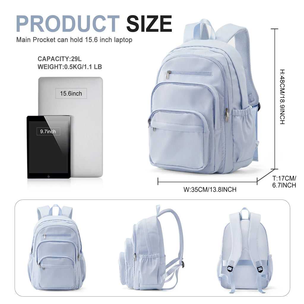 Sac à dos en nylon léger bleu, multi-poches, pour l'école et l'université