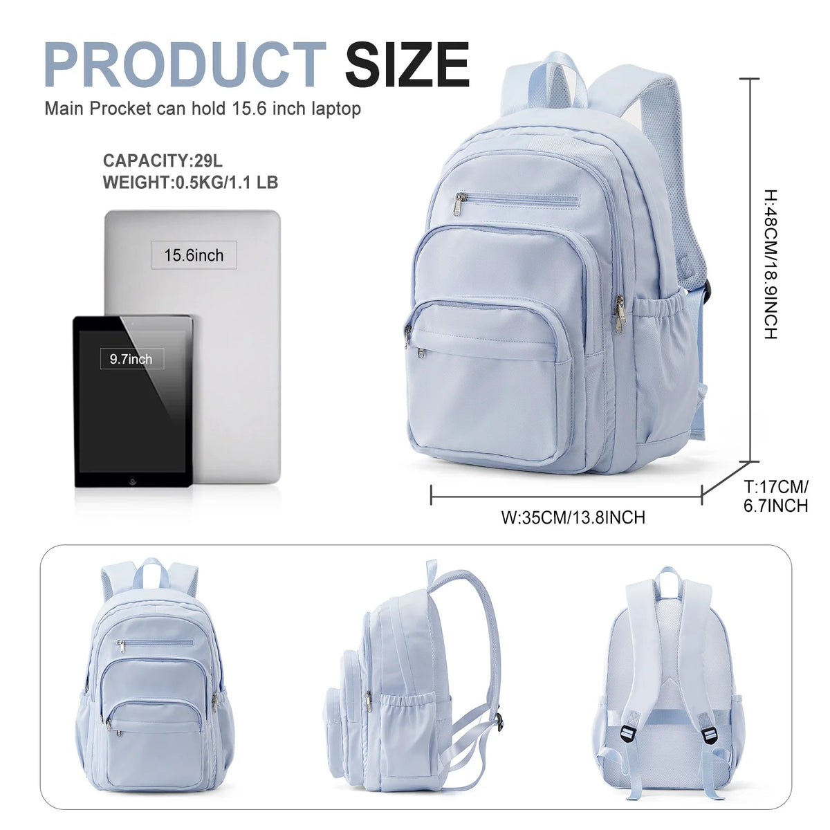Sac à dos en nylon léger bleu, multi-poches, pour l'école et l'université