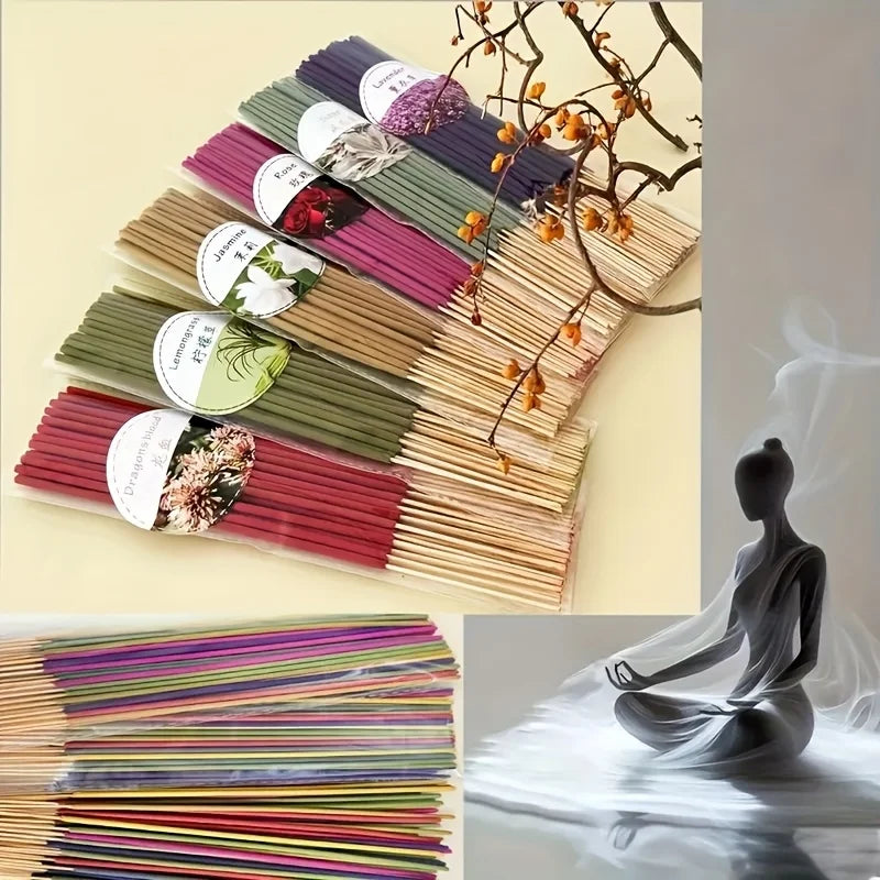 6 Sets of Approximately 126 High-Quality Incense Sticks - Including Shrubs, Lavender, Lemongrass, Dragon's Blood, Rose, Jasmine, Cherry Blossom, Suitable for Purification, Yoga Meditation, and Home Use - Perfect Gift with Lon