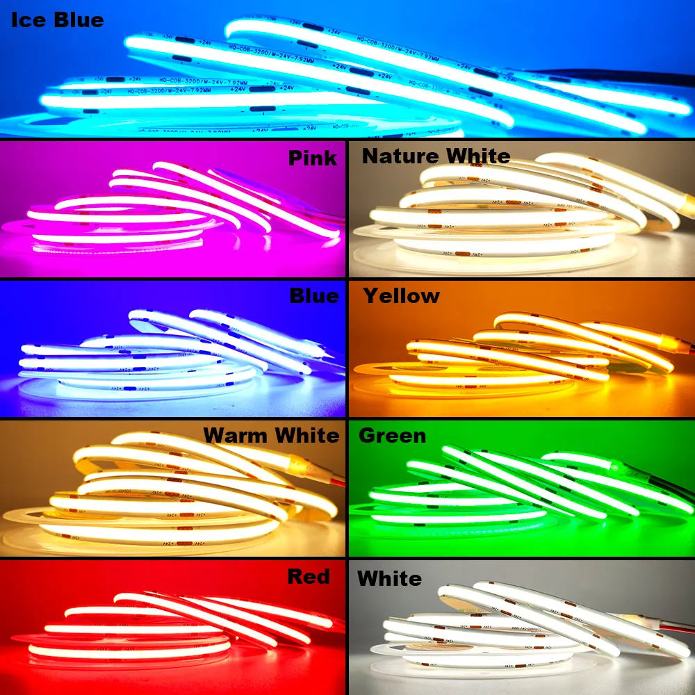 12V 24V COB LED Strip 5mm/8mm PCB 400/480LEDs/m Flexible Red/Green/Blue/Pink/Ice Blue/Yellow Led Strip For Home Decor LED Lights