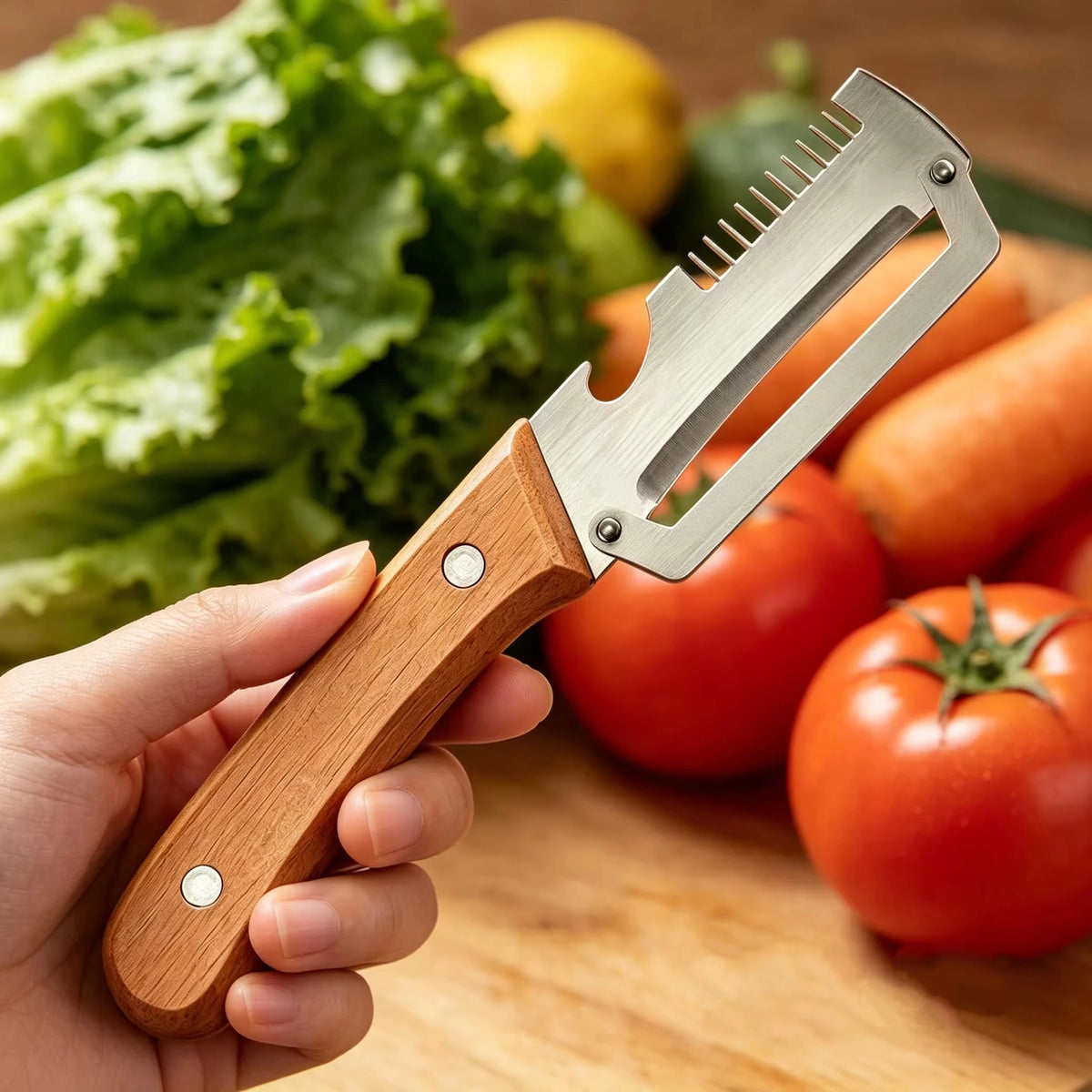 Slicer in acciaio inox con manico rovere – taglio, sbucciatura e apribottiglie