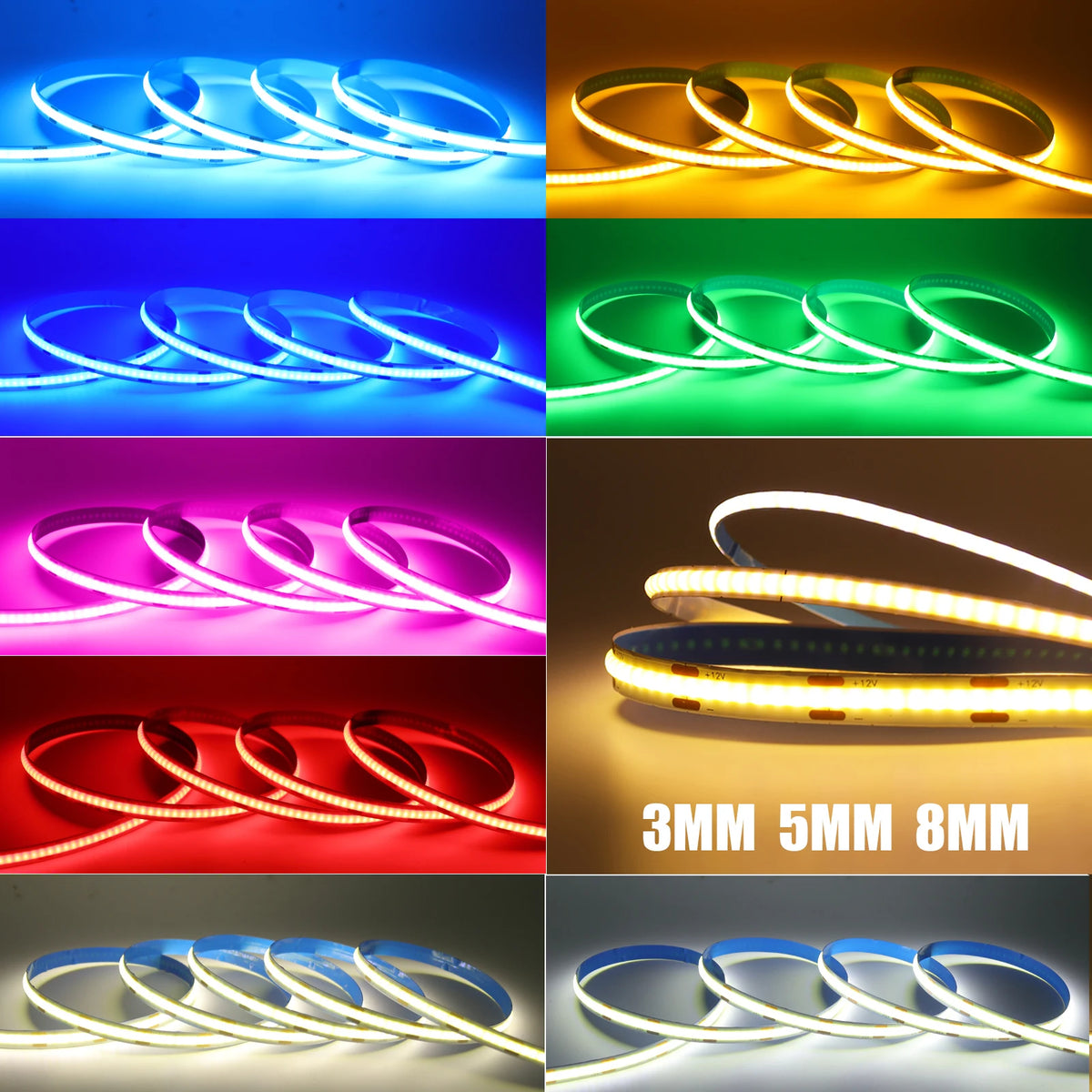 Striscia LED COB 12V flessibile 3/5/8 mm – 0,5‑5 m, 9 colori, alta resa…