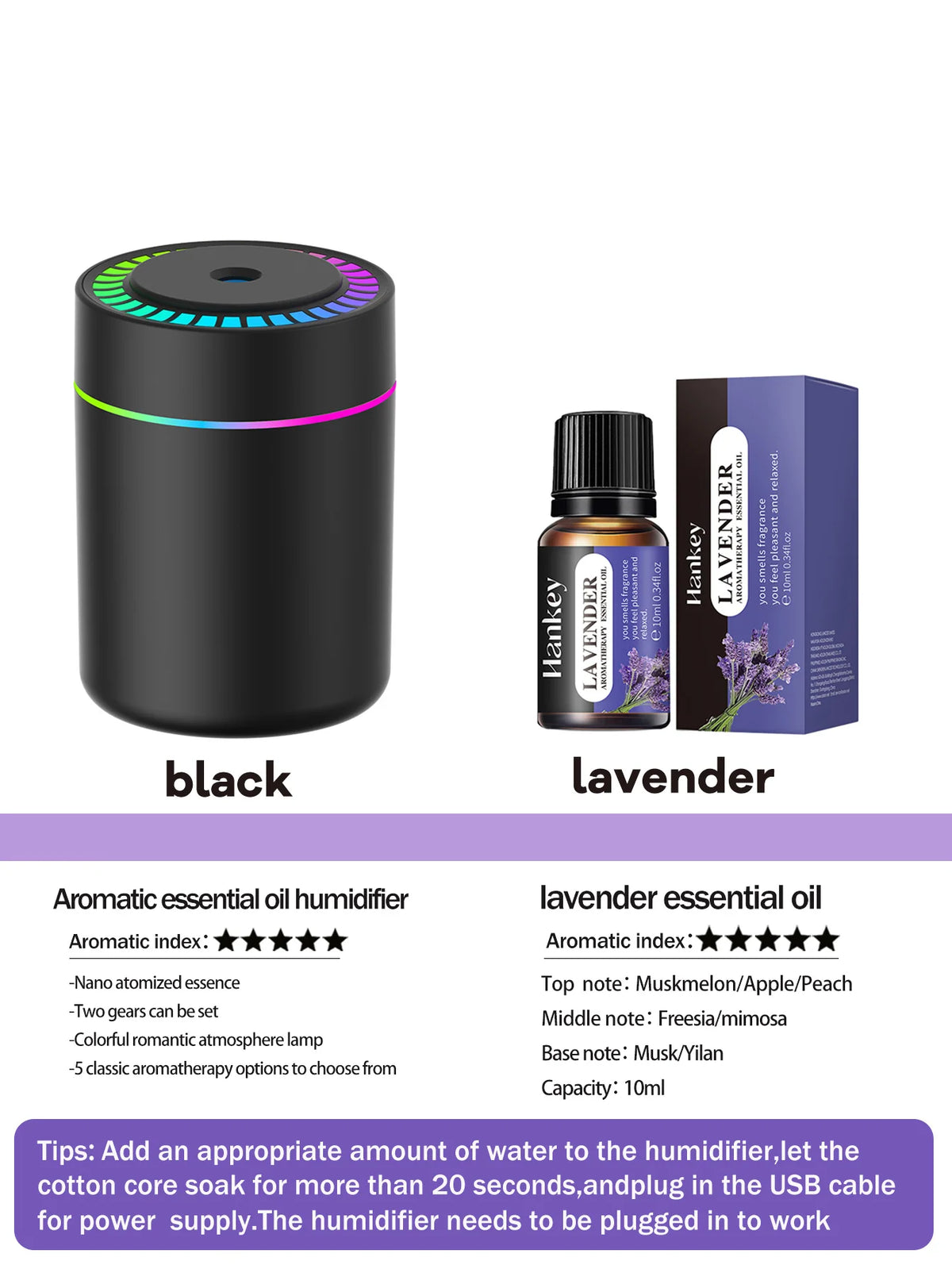 Diffusore Umidificatore 180 ml USB con LED 7 Colori e Aromaterapia