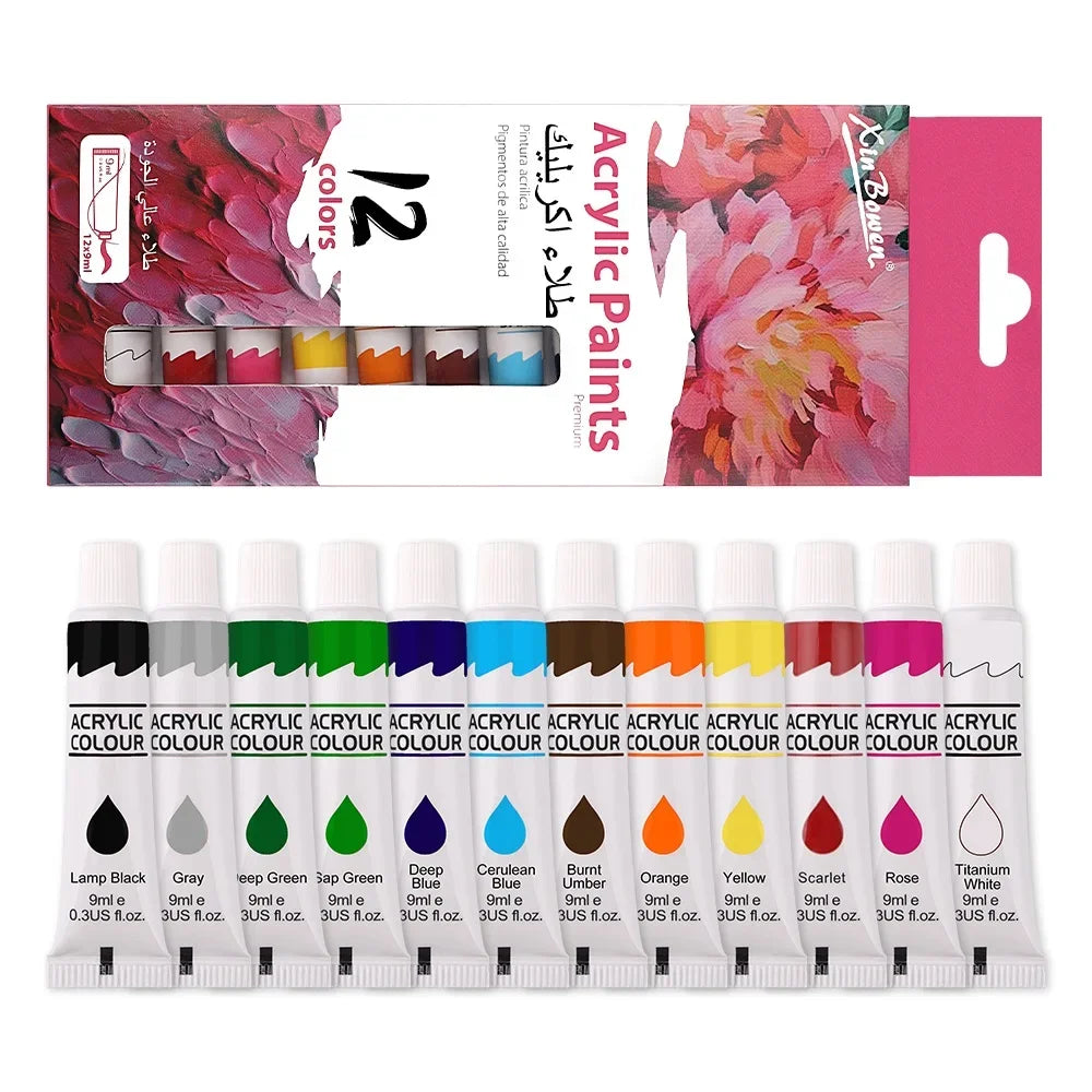 Set di 12 Acrilici 9ml – Colori Vivaci e Resistenti per Tela, Carta e Legno
