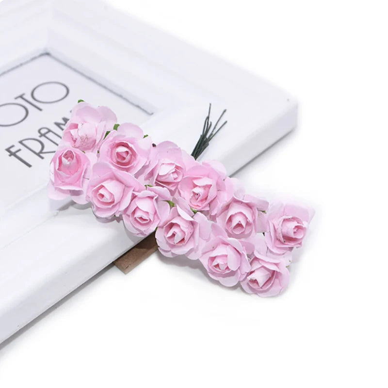 144PCS/lot 1.5cm Paper Rose Artificial Rose Flowers Hands For Wedding Decoration Scrapbooking Small Fake Flower Bouquet