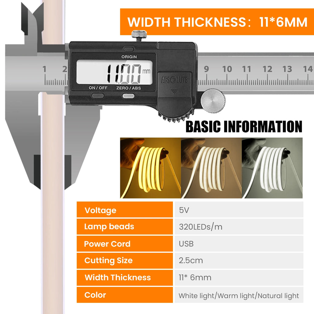 Striscia LED Neon COB 5V dimmerabile, 320 LED/m, waterproof IP68, luce…