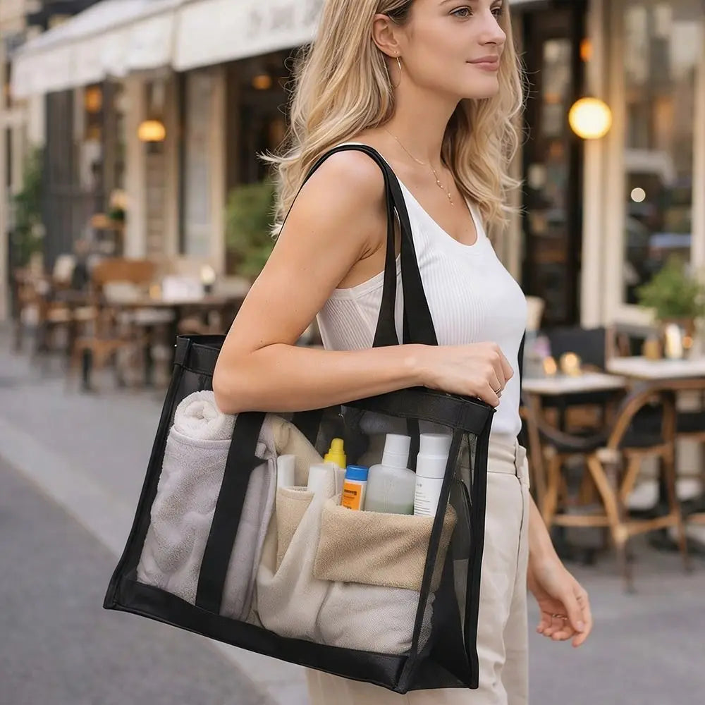New Mesh Shoulder Bag Large Capacity Transparent Beach Bags Hollow Multifunctional Makeup Storage Bag Travel
