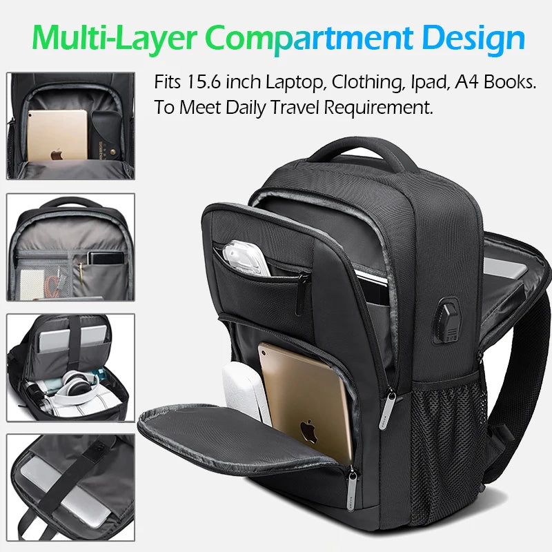 Sac à dos imperméable 15,6" avec port USB et poches pour ordinateur portable – Léger et polyvalent