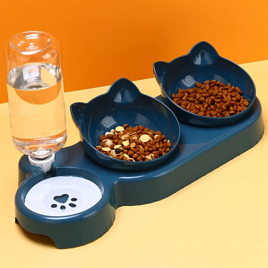 Set ciotole 3 in 1 per gatto con dispenser d'acqua a gravità e design inclinato