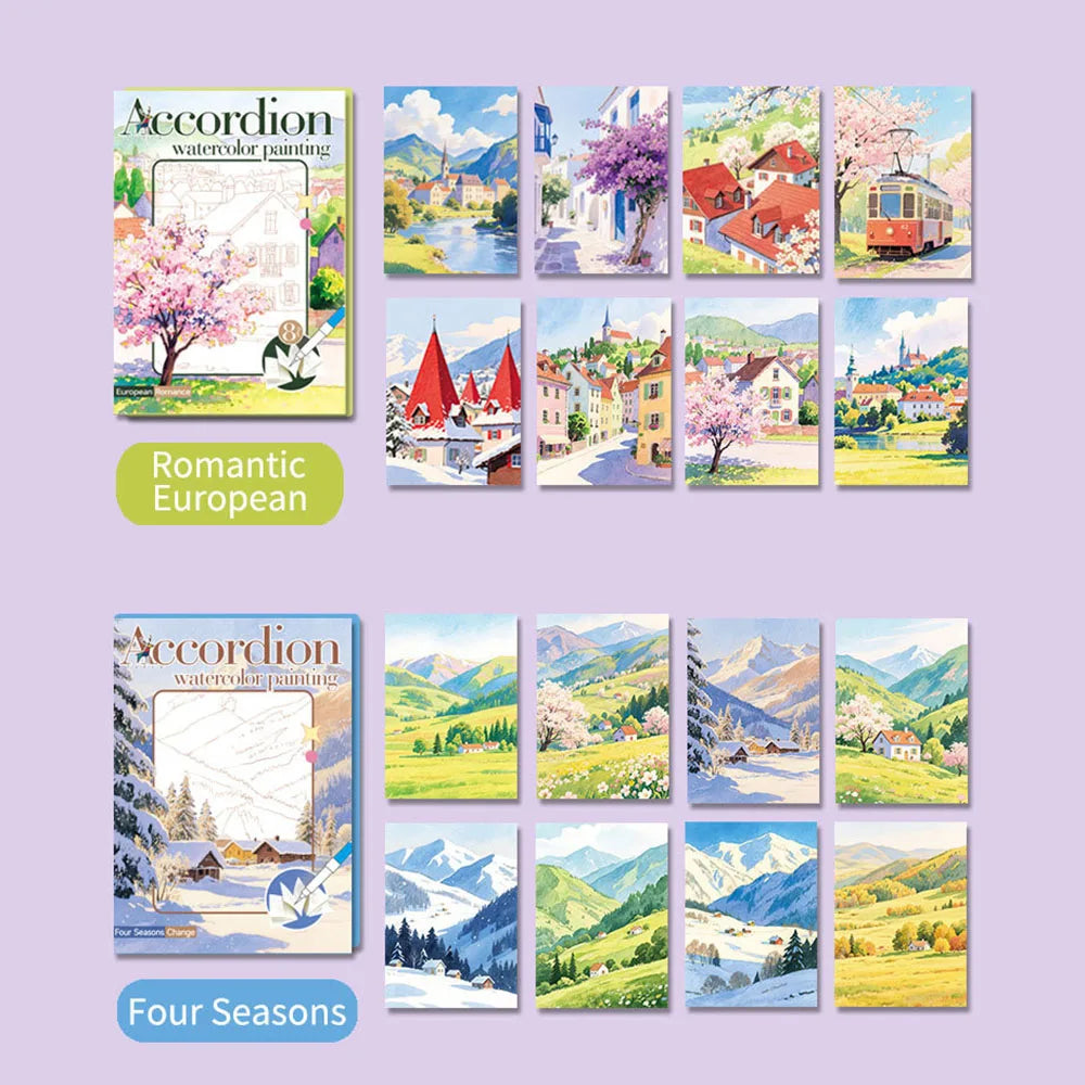 Libro Colorazione Acquerelli Pieghevole per Adulti - Set Colori