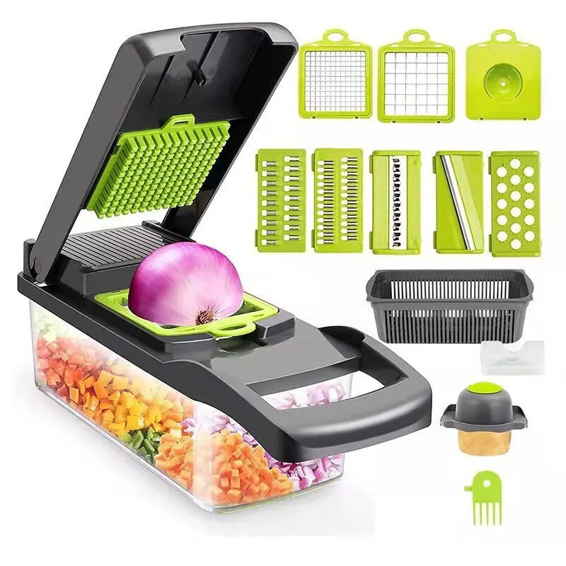 Affettatrice 12 in 1 Verde/Nera – Taglia, Grattugia e Sminuzza Verdure e Frutta