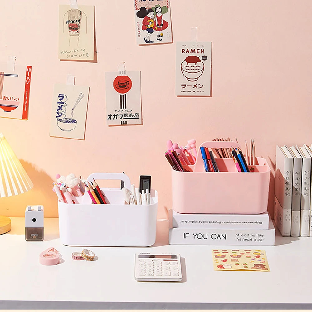 New Desktop Marker Holder Art Supply Storage Box Cosmetic Plastic Storage Basket With Handle  Pencil Pen Stationery Storage Case