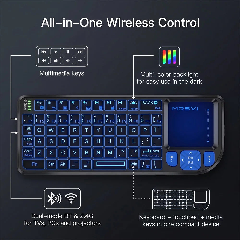 Mini tastiera wireless con touchpad e retroilluminazione RGB, Bluetooth e…