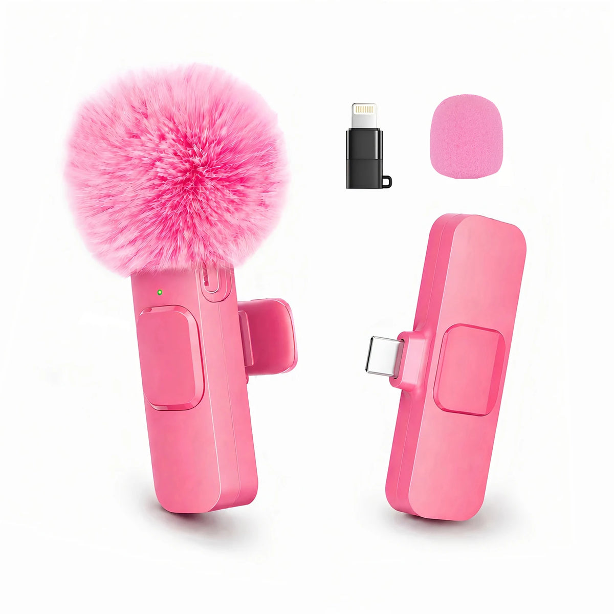 Wireless Mini Lavalier Clip Mic with Furry Windscreen, Dual‑Port Type‑C & Lightning Adapter for iPhone, Android, Tablets, Laptop