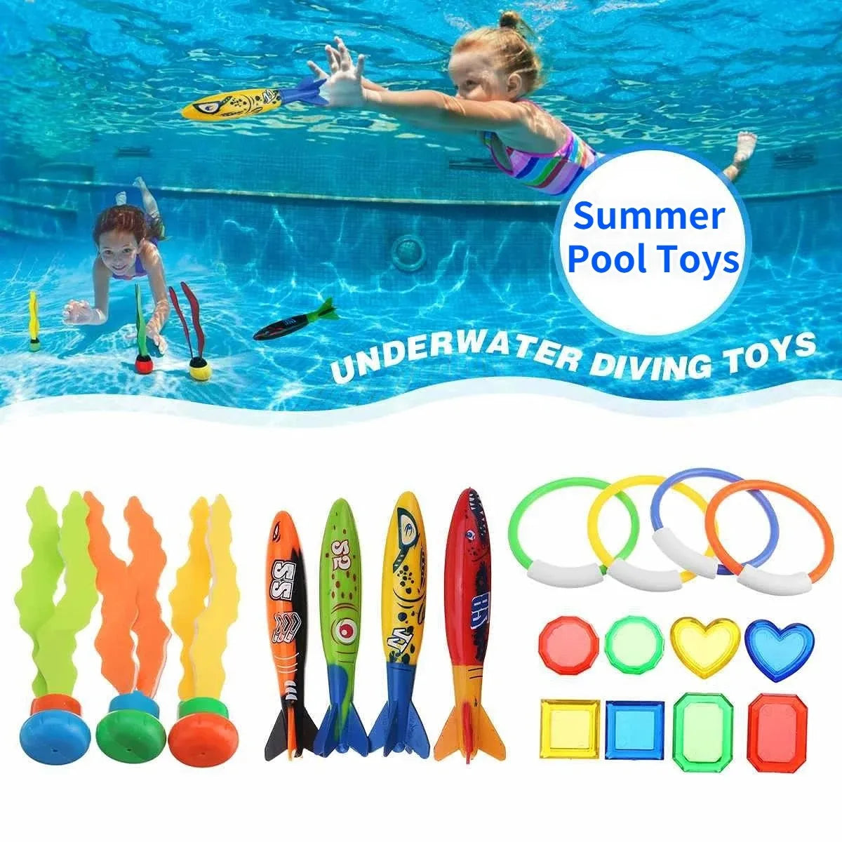 Children's Summer Pool Diving Swimming Toys Shark Rocket Throwing Toys Water Fun Game Diving Pool Sinking Set for Boys Girls