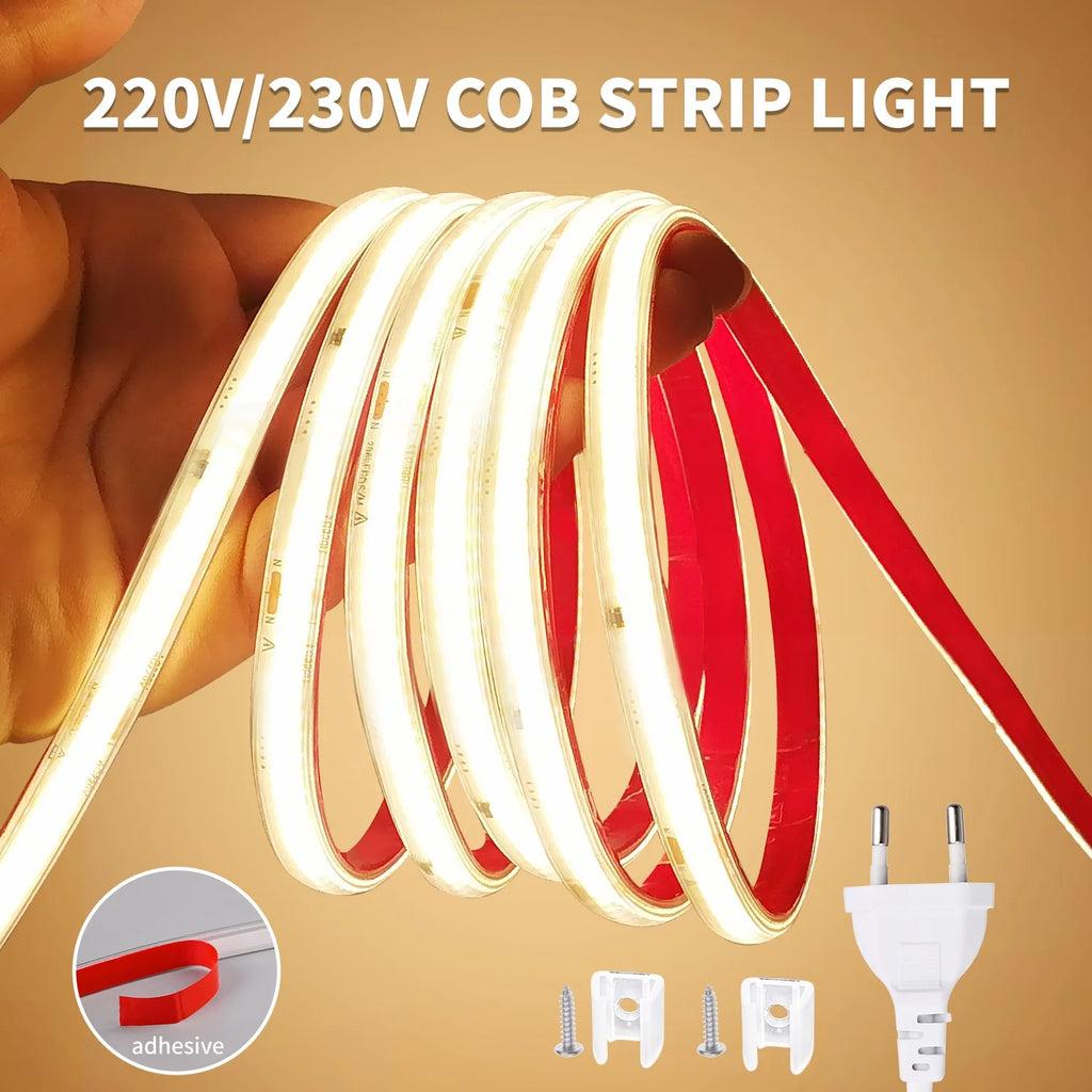 Striscia LED COB 220V 296 LED/m, alta luminosità, impermeabile e flessibile