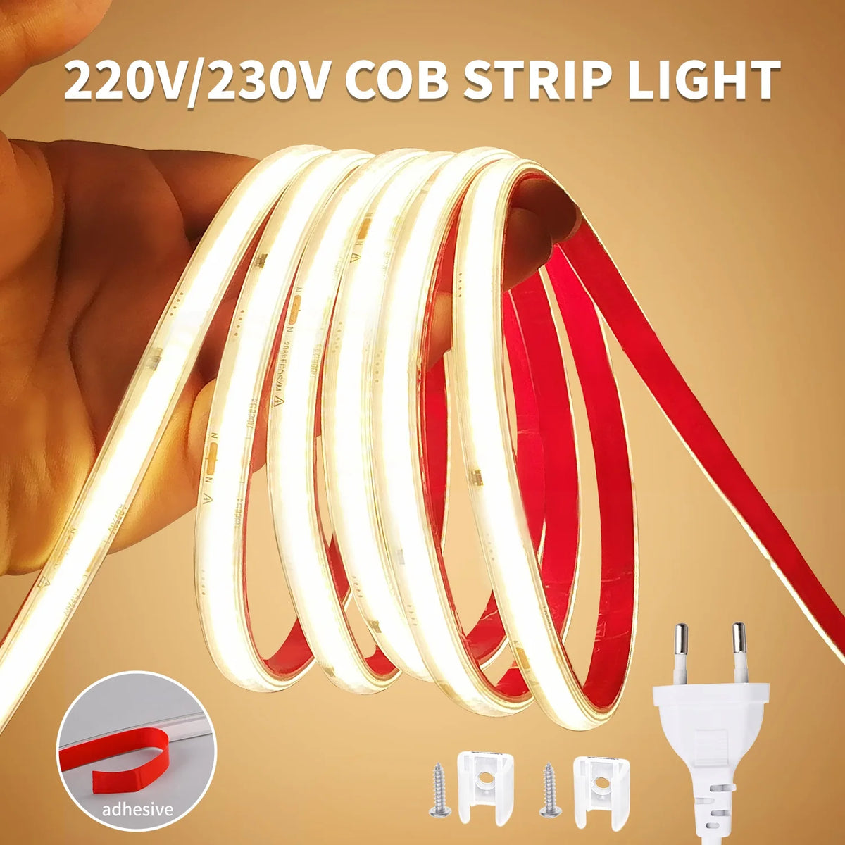 Striscia LED COB 220V 296 LED/m, alta luminosità, impermeabile e flessibile