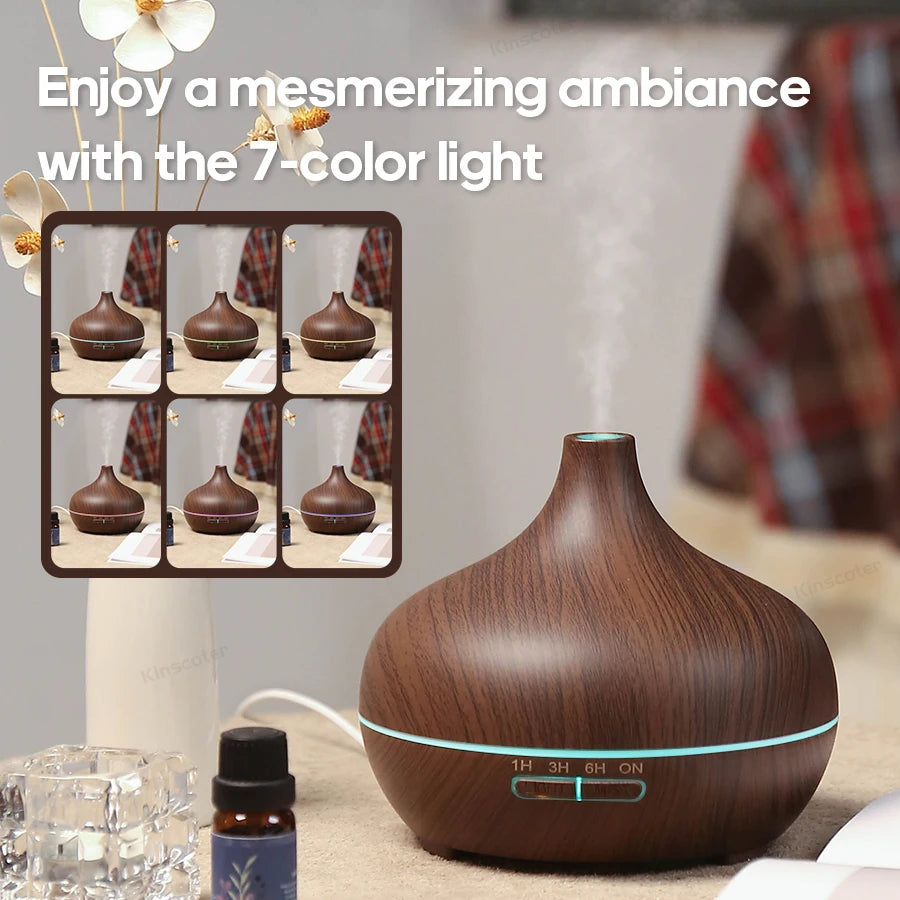 Diffusore ad aromaterapia ultrasuoni 300 ml con design legno, 3 timer e luce USB