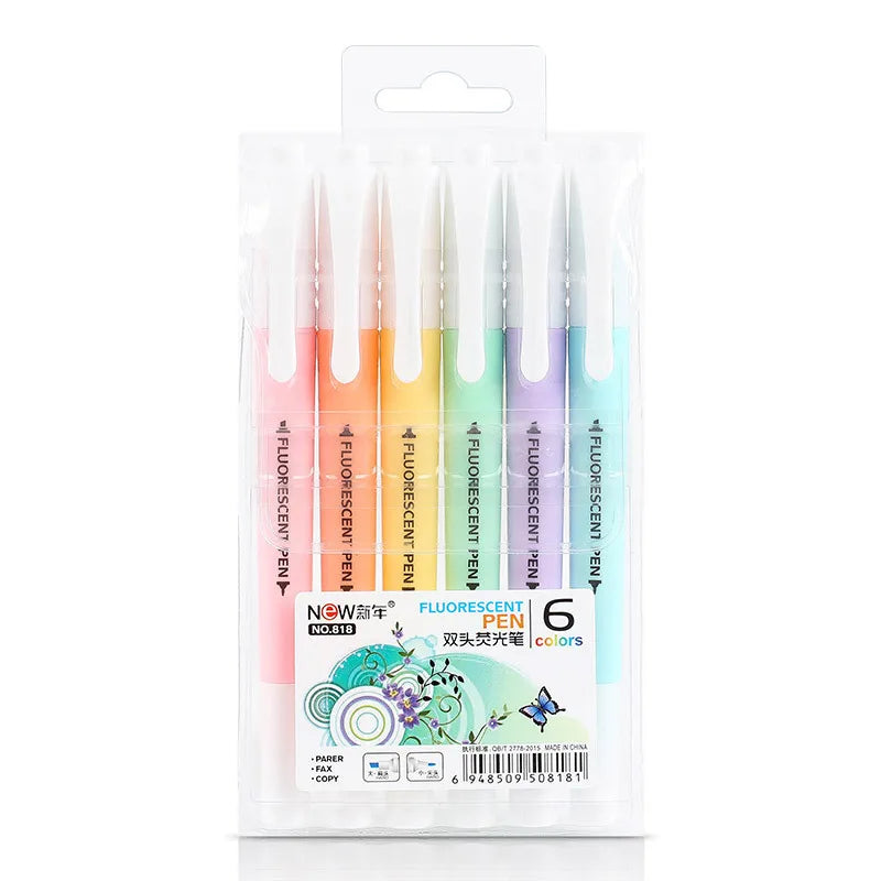 6Pcs/Set Double Head Fluorescent Highlighter Pen Markers Pastel Drawing Pen for Student School Office Supplies Cute Stationery
