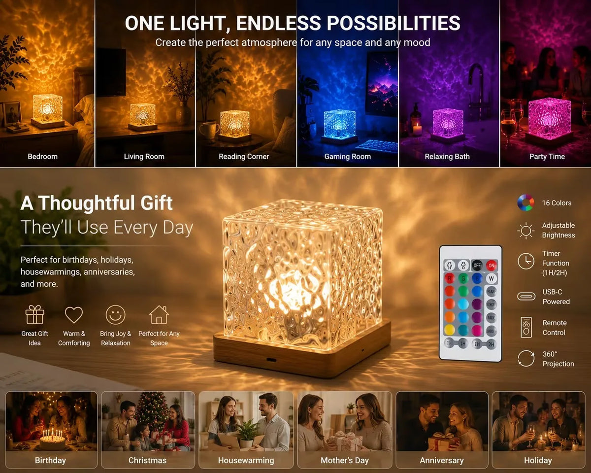 Proiettore Notturno Aurora 3D con Effetto Acqua, Lampada Portatile per Camera
